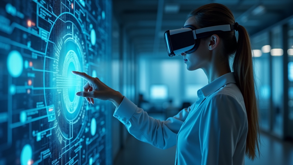 Kobieta w okularach VR obsługująca interfejs agenta AI na ekranie komputera