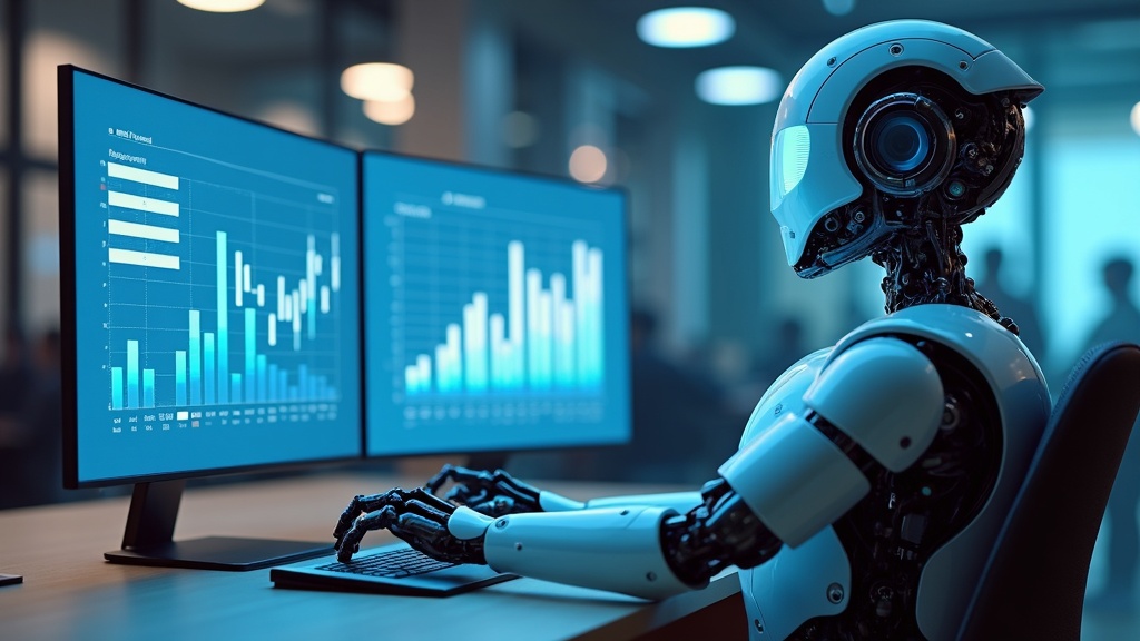 Robot analizujący dane dotyczące zaangażowania czytelników na ekranie komputera.