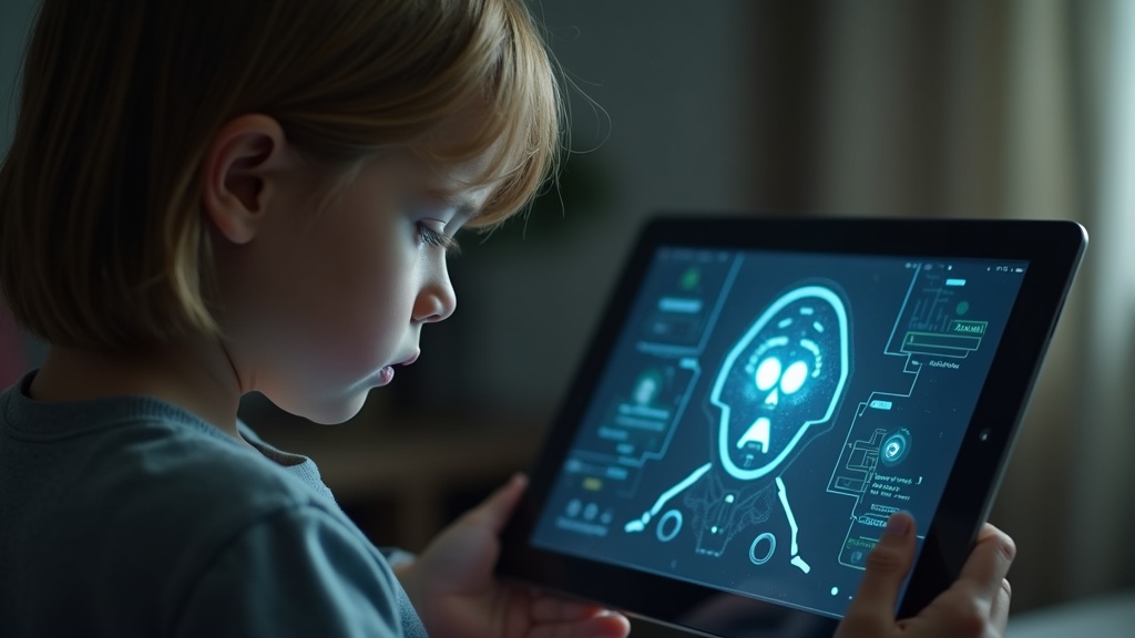 Dziecko zaniepokojone patrzące na ekran tabletu, na którym widoczna jest ikona sztucznej inteligencji.