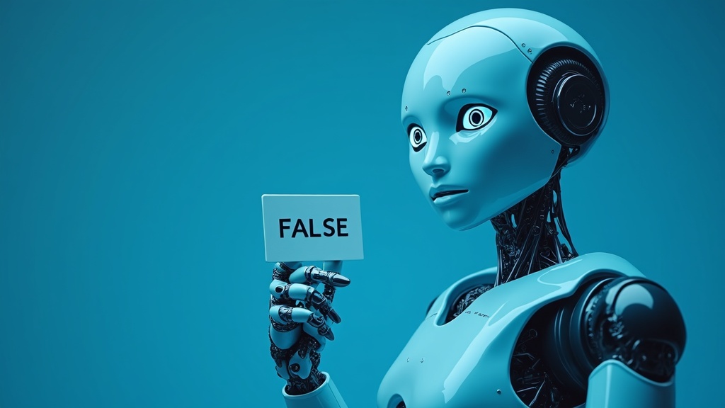 Robot trzymający kartę z napisem 'FAŁSZ'