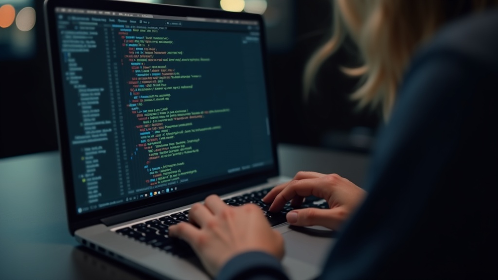 Osoba programująca na laptopie z widocznym kodem Pythona na ekranie.